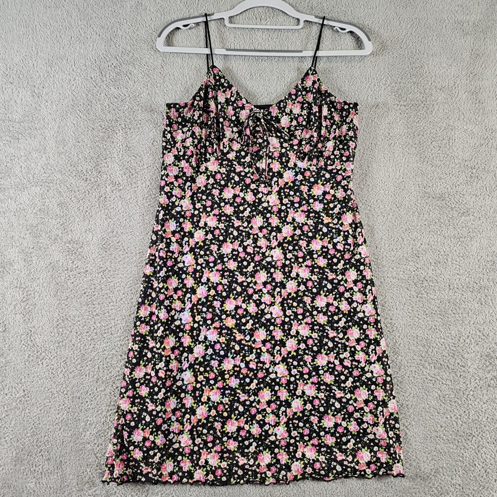 No Comment Floral Mesh Mini Dress Black Pink Lettuce Hem Large
